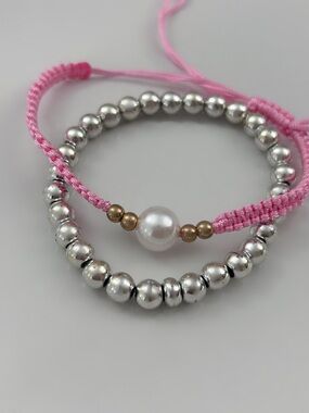 Pink Macramé Pearl & distressed Silver Bead Bracelet Set